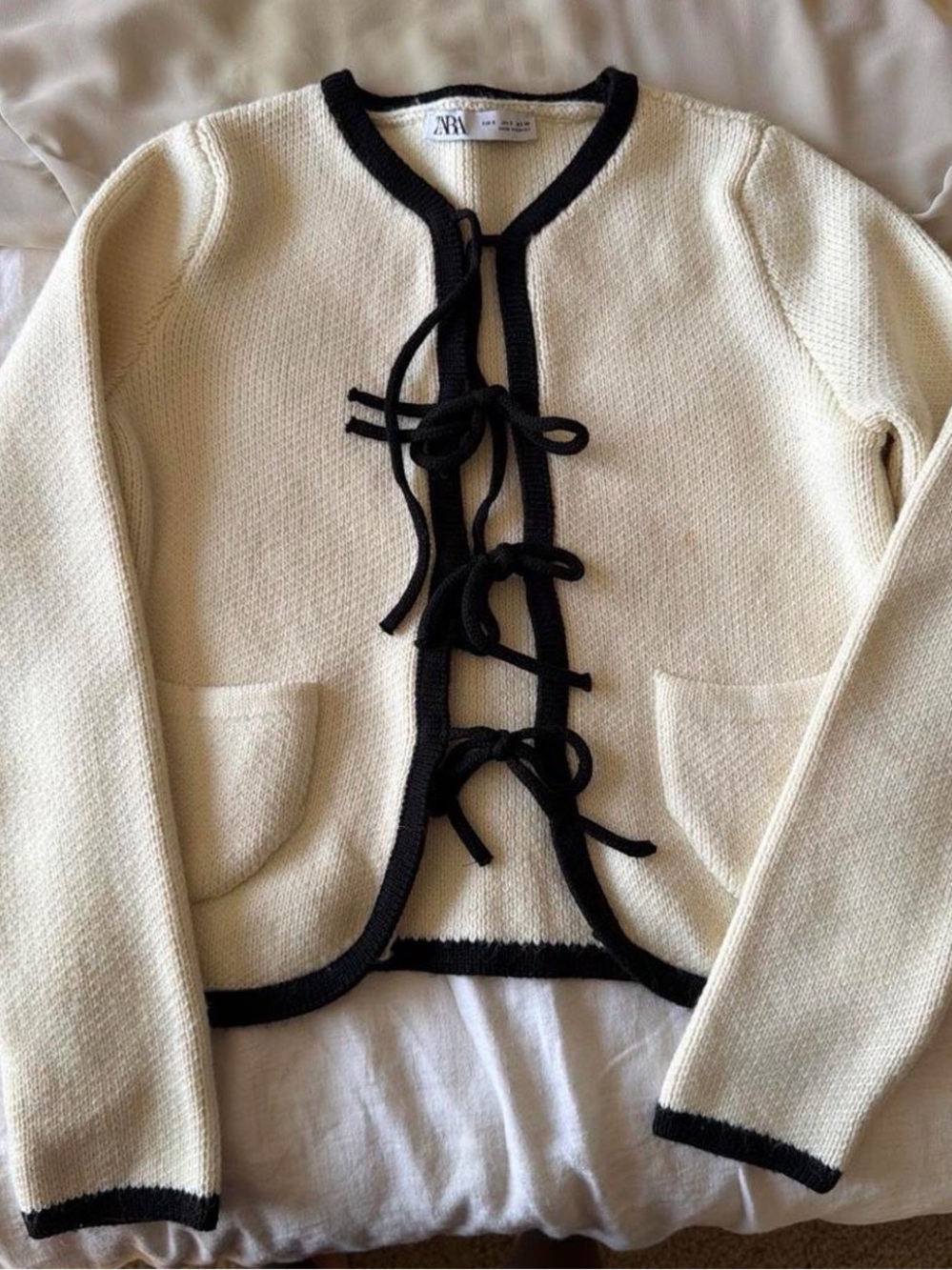 Zara Cream Cardigan with Black Trim and Tie Fronts